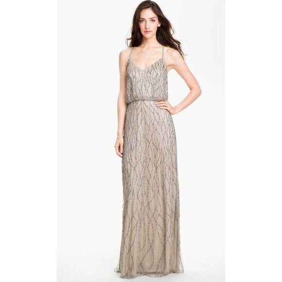 Adrianna Papell Beaded Mesh Blouson Gown Champagne Taupe Silver sz 6 Bridesmaid - Picture 1 of 11
